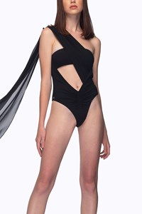 Bandeau Open Front One Piece with Shoulder Drape front mobile